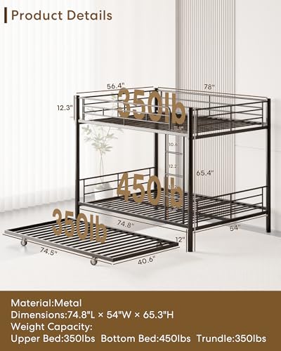 Mixcous Full Over Full Bunk Bed with Trundle, Heavy Duty Metal Bed Frame with Full-Length Guardrails & Ladder, 3-in-1 Convertible Full Bunk Bed, Noise-Free, No Box Spring Needed, Black