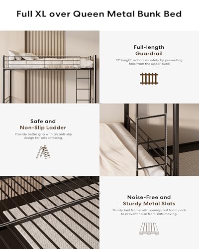 Mixcous Full Over Full Bunk Bed with Trundle, Heavy Duty Metal Bed Frame with Full-Length Guardrails & Ladder, 3-in-1 Convertible Full Bunk Bed, Noise-Free, No Box Spring Needed, Black
