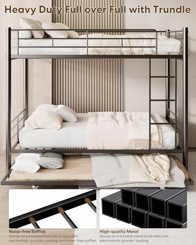 Mixcous Full Over Full Bunk Bed with Trundle, Heavy Duty Metal Bed Frame with Full-Length Guardrails & Ladder, 3-in-1 Convertible Full Bunk Bed, Noise-Free, No Box Spring Needed, Black