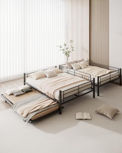 Mixcous Full Over Full Bunk Bed with Trundle, Heavy Duty Metal Bed Frame with Full-Length Guardrails & Ladder, 3-in-1 Convertible Full Bunk Bed, Noise-Free, No Box Spring Needed, Black