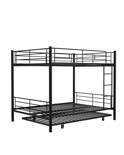 Mixcous Full Over Full Bunk Bed with Trundle, Heavy Duty Metal Bed Frame with Full-Length Guardrails & Ladder, 3-in-1 Convertible Full Bunk Bed, Noise-Free, No Box Spring Needed, Black