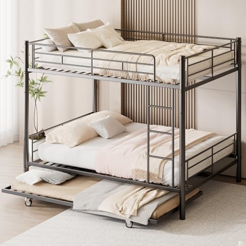 Mixcous Full Over Full Bunk Bed with Trundle, Heavy Duty Metal Bed Frame with Full-Length Guardrails & Ladder, 3-in-1 Convertible Full Bunk Bed, Noise-Free, No Box Spring Needed, Black