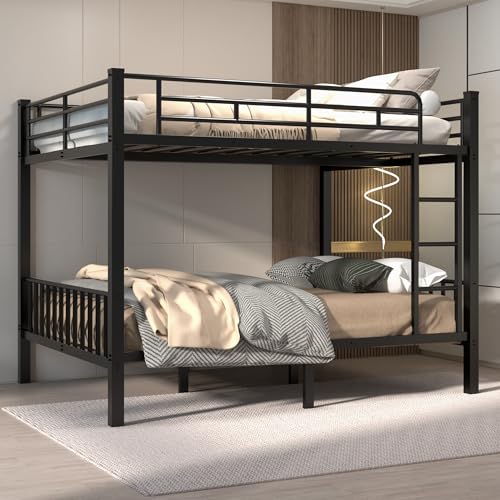 Mixcous Queen Over Queen Bunk Bed for Adults & Teens, Heavy Duty Metal Bunk Bed with EVA Anti-Slip Ladder & Full-Length Guardrails, Noise-Free Queen Bunk Bed Frame with Under-Bed Storage, Black