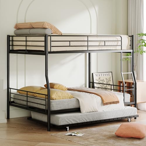 Mixcous Full XL Over Queen Bunk Bed with Trundle, Heavy-Duty Queen Bunk Bed with Safety Ladder and Full-Length Guardrail, Convertible to 3 Beds for Teens and Adults, Black