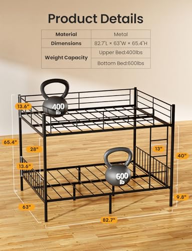 Mixcous Queen Over Queen Bunk Bed for Adults & Teens, Heavy Duty Metal Bunk Bed with EVA Anti-Slip Ladder & Full-Length Guardrails, Noise-Free Queen Bunk Bed Frame with Under-Bed Storage, Black