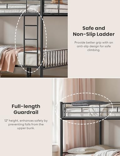 Mixcous Queen Over Queen Bunk Bed for Adults & Teens, Heavy Duty Metal Bunk Bed with EVA Anti-Slip Ladder & Full-Length Guardrails, Noise-Free Queen Bunk Bed Frame with Under-Bed Storage, Black