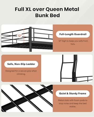 Mixcous Full XL Over Queen Bunk Bed with Trundle, Heavy-Duty Queen Bunk Bed with Safety Ladder and Full-Length Guardrail, Convertible to 3 Beds for Teens and Adults, Black