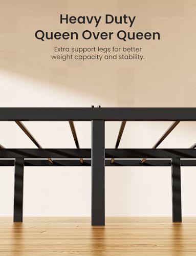 Mixcous Queen Over Queen Bunk Bed for Adults & Teens, Heavy Duty Metal Bunk Bed with EVA Anti-Slip Ladder & Full-Length Guardrails, Noise-Free Queen Bunk Bed Frame with Under-Bed Storage, Black