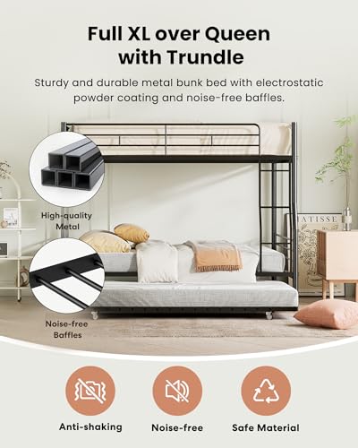 Mixcous Full XL Over Queen Bunk Bed with Trundle, Heavy-Duty Queen Bunk Bed with Safety Ladder and Full-Length Guardrail, Convertible to 3 Beds for Teens and Adults, Black