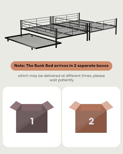 Mixcous Full XL Over Queen Bunk Bed with Trundle, Heavy-Duty Queen Bunk Bed with Safety Ladder and Full-Length Guardrail, Convertible to 3 Beds for Teens and Adults, Black