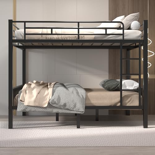 Mixcous Queen Over Queen Bunk Bed for Adults & Teens, Heavy Duty Metal Bunk Bed with EVA Anti-Slip Ladder & Full-Length Guardrails, Noise-Free Queen Bunk Bed Frame with Under-Bed Storage, Black