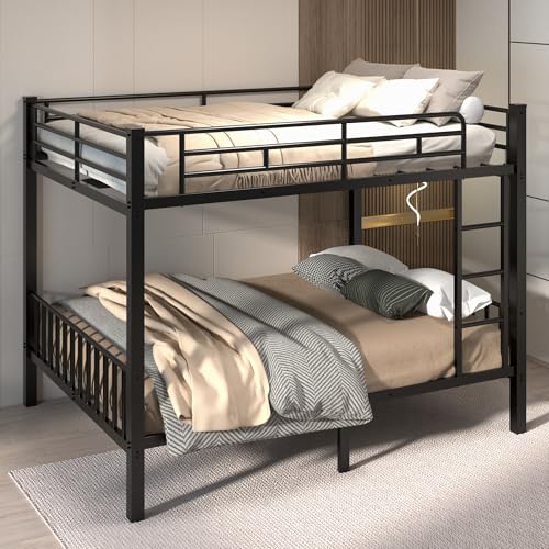 Mixcous Queen Over Queen Bunk Bed for Adults & Teens, Heavy Duty Metal Bunk Bed with EVA Anti-Slip Ladder & Full-Length Guardrails, Noise-Free Queen Bunk Bed Frame with Under-Bed Storage, Black