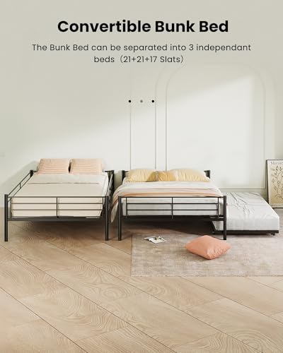 Mixcous Full XL Over Queen Bunk Bed with Trundle, Heavy-Duty Queen Bunk Bed with Safety Ladder and Full-Length Guardrail, Convertible to 3 Beds for Teens and Adults, Black