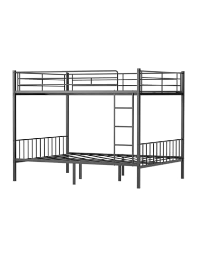 Mixcous Queen Over Queen Bunk Bed for Adults & Teens, Heavy Duty Metal Bunk Bed with EVA Anti-Slip Ladder & Full-Length Guardrails, Noise-Free Queen Bunk Bed Frame with Under-Bed Storage, Black
