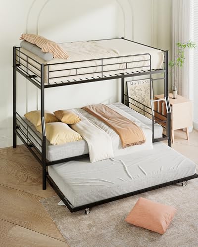 Mixcous Full XL Over Queen Bunk Bed with Trundle, Heavy-Duty Queen Bunk Bed with Safety Ladder and Full-Length Guardrail, Convertible to 3 Beds for Teens and Adults, Black