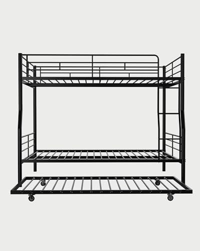 Mixcous Full XL Over Queen Bunk Bed with Trundle, Heavy-Duty Queen Bunk Bed with Safety Ladder and Full-Length Guardrail, Convertible to 3 Beds for Teens and Adults, Black